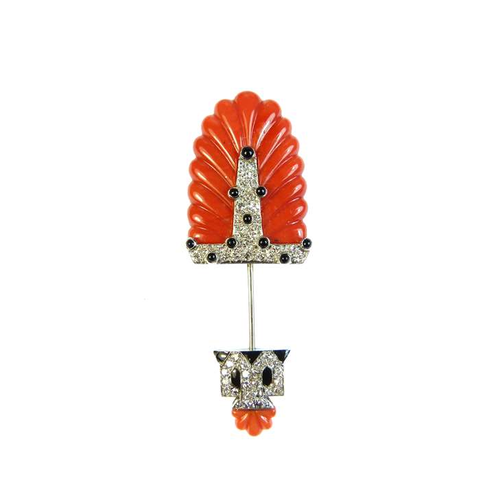 Art Deco carved corallium rubrum, onyx, enamel and diamond jabot pin